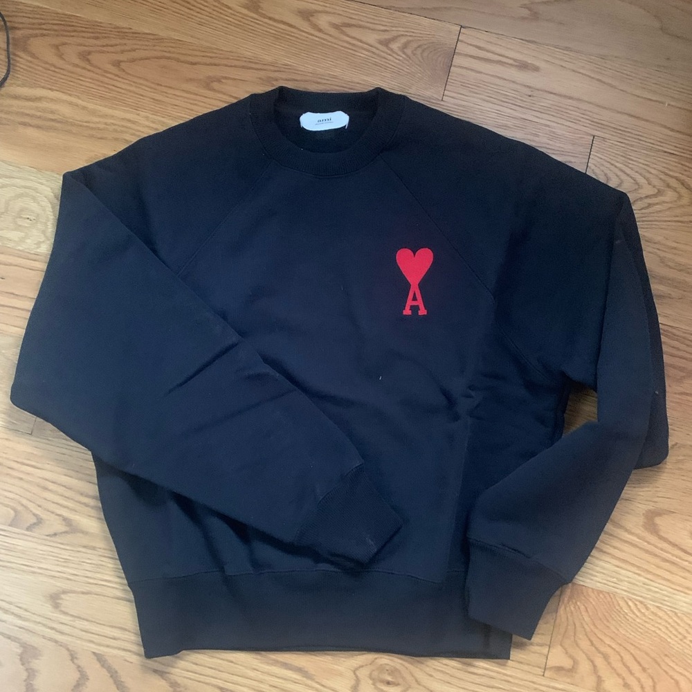 Ami Black Crewneck Sweater with Red Heart Emblem